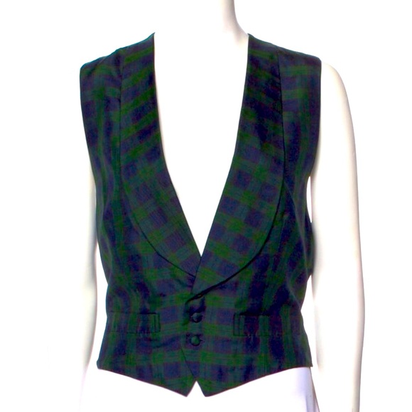 POLO RALPH LAUREN Silk Green & Blue Plaid Tartan Tuxedo Shawl Collar Vest L - Picture 1 of 4
